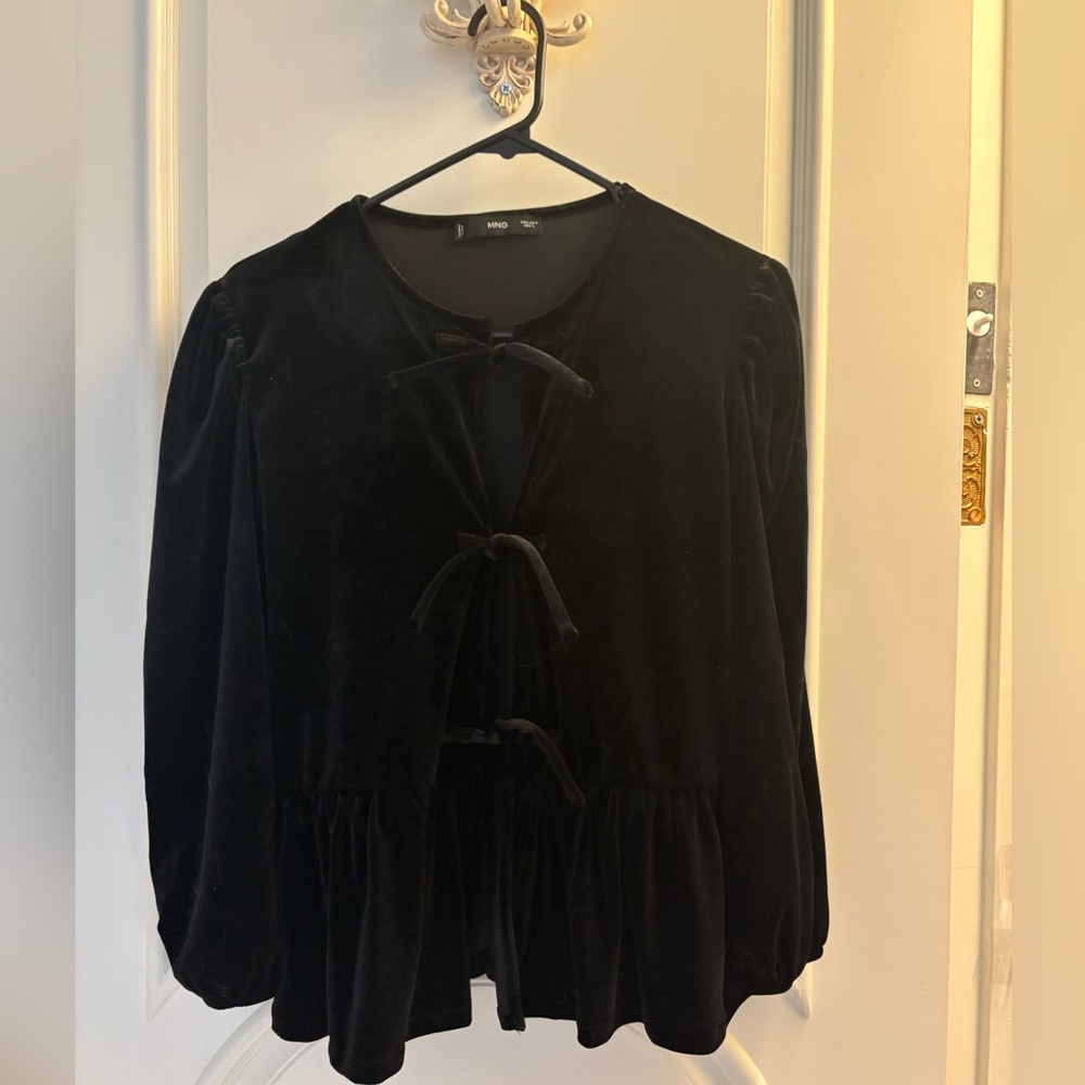 Mango Black Velvet Blouse with Bow Accents